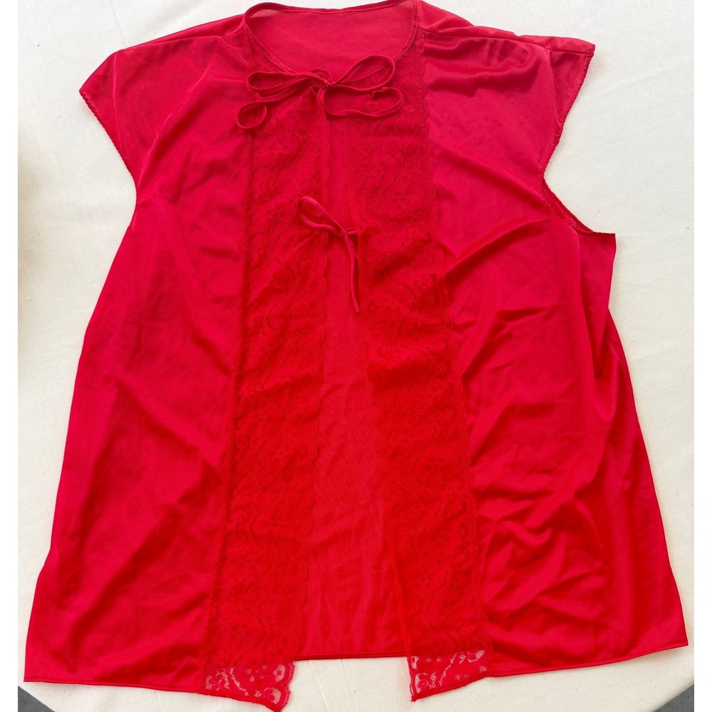 Vintage Red Sheer Lace Trim Bed Jacket Cap Sleeve Front Tie Lingerie Top